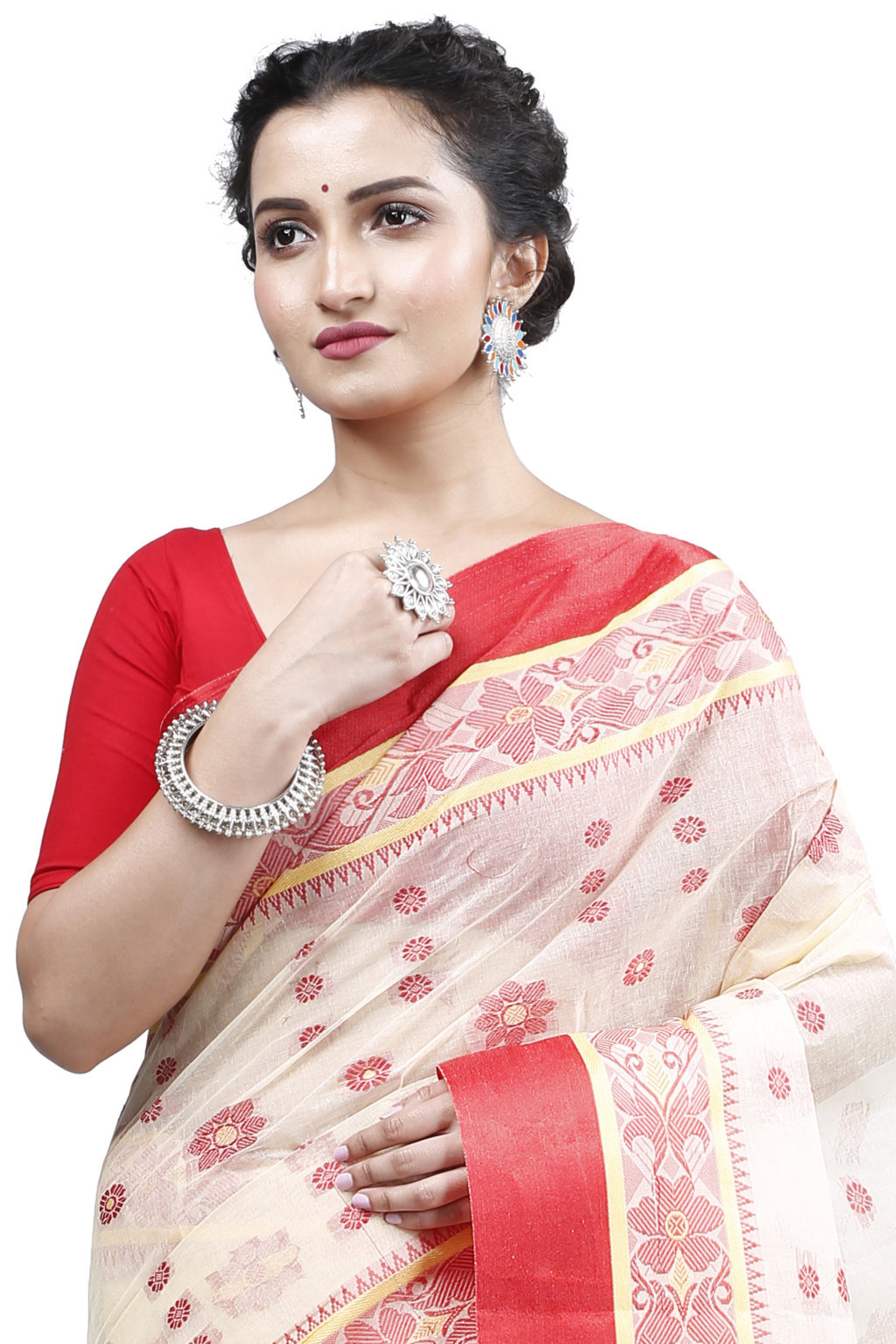 Cream Red Pure Cotton BolLata_Tant Tant Saree (201)